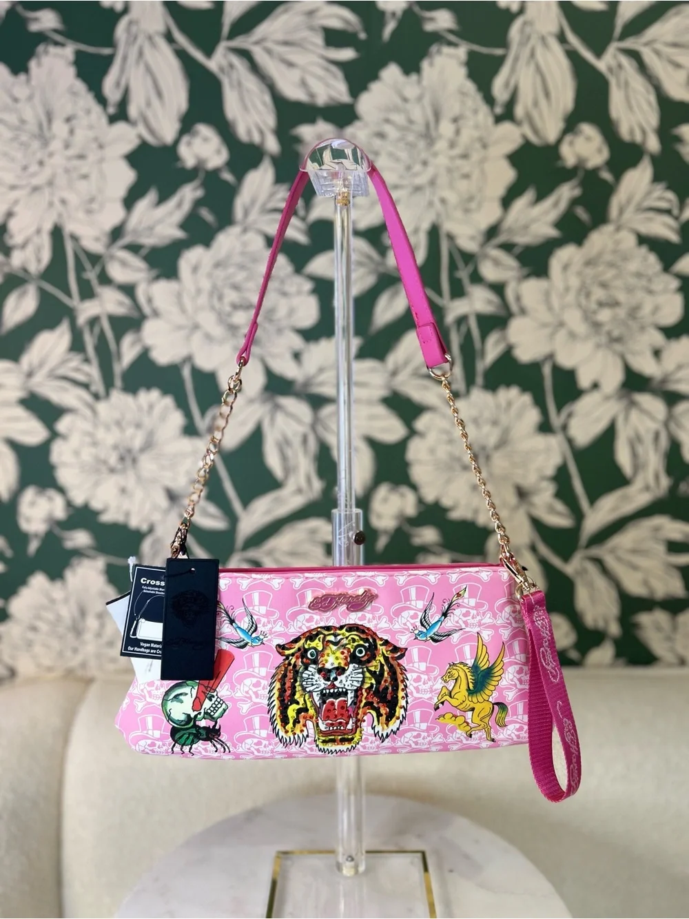 Ed Hardy Pink Shoulder Bag with Embroidered Tiger & Pegasus Motifs NWT
